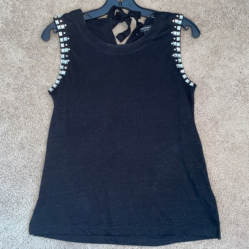 Generation Love Black Bejeweled Linen Sleeveless Top XS
